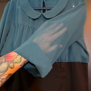 I.N. Studio two tone dress 14, sheer layered blue top, black skirt